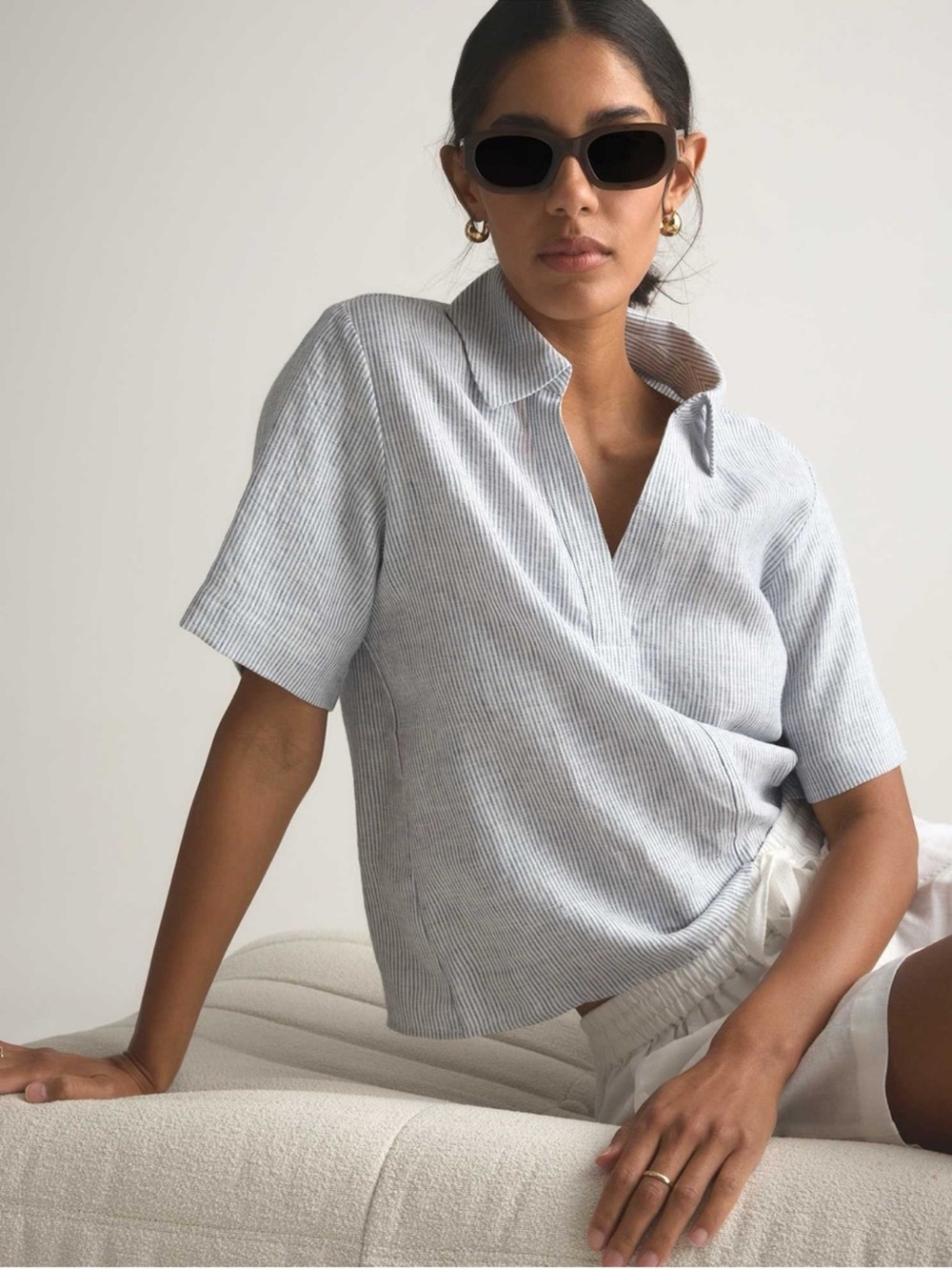 Quince Short Sleeve Linen Notch Neck Striped Top Blue White Size XL